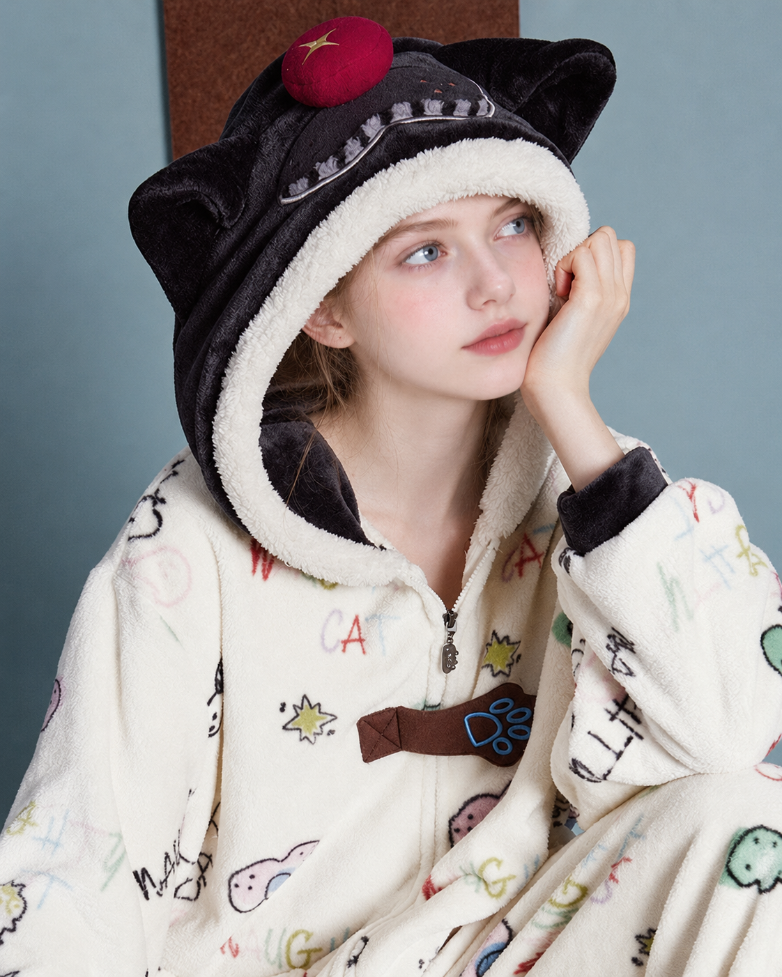 Doodlewhisk Cat-Doodle Hooded One-Piece Pajamas – cat hood and paw-shaped chest accent - Roomden