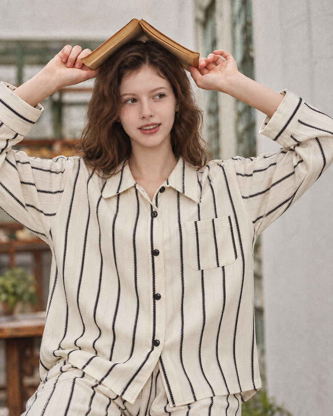 Slateway striped long pajama set in black & white, additional lifestyle view - Roomden