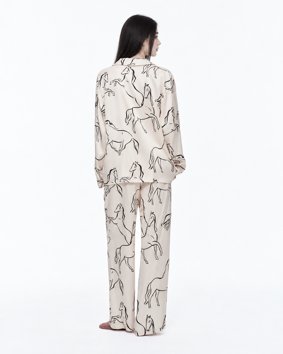 Horse Sketch Viscose-Rayon Pajama Set – Cream horse print, back studio view - Roomden