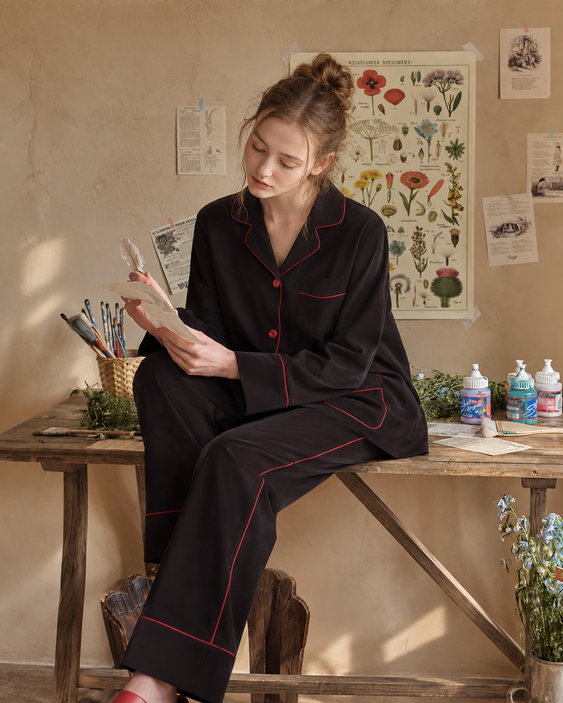 Linehaven contrast-piped pajama set in black, seated at an art table - Roomden
