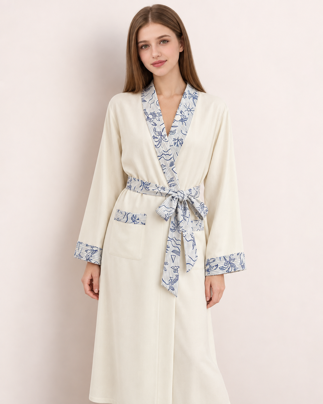Apricot-cream Inkshore robe with blue botanical trim — studio view 4