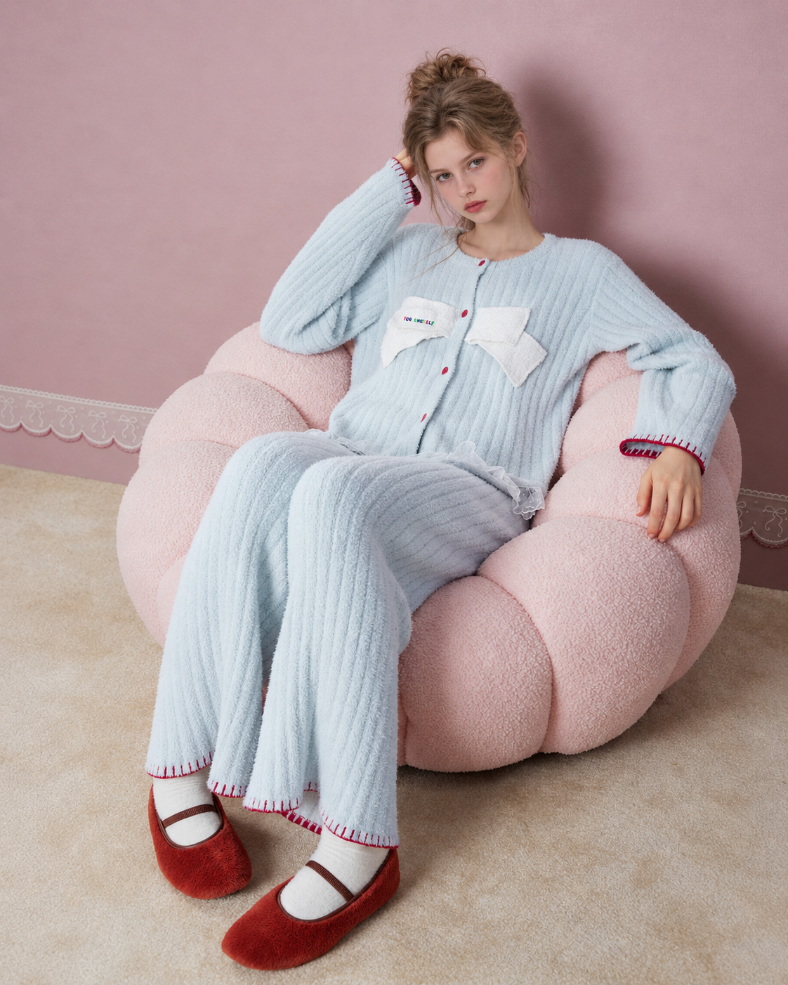 Bow-Front Textured Pajama Set – water blue set worn seated in a pink armchair - Roomden