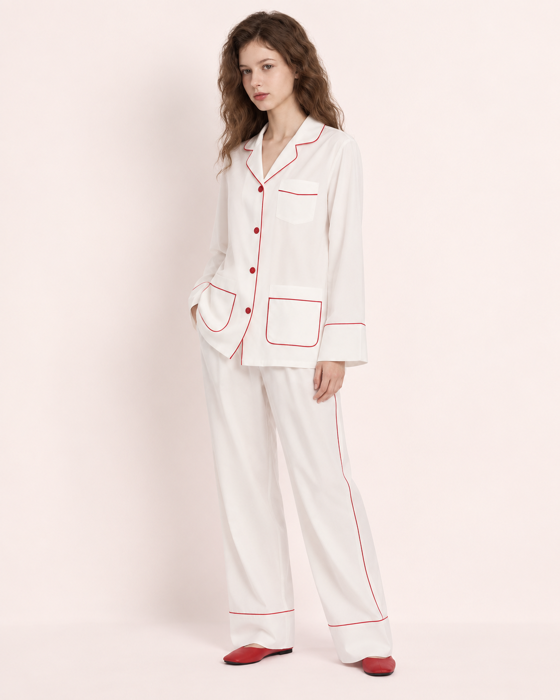 Linehaven contrast-piped pajama set in white, alternate studio pose - Roomden