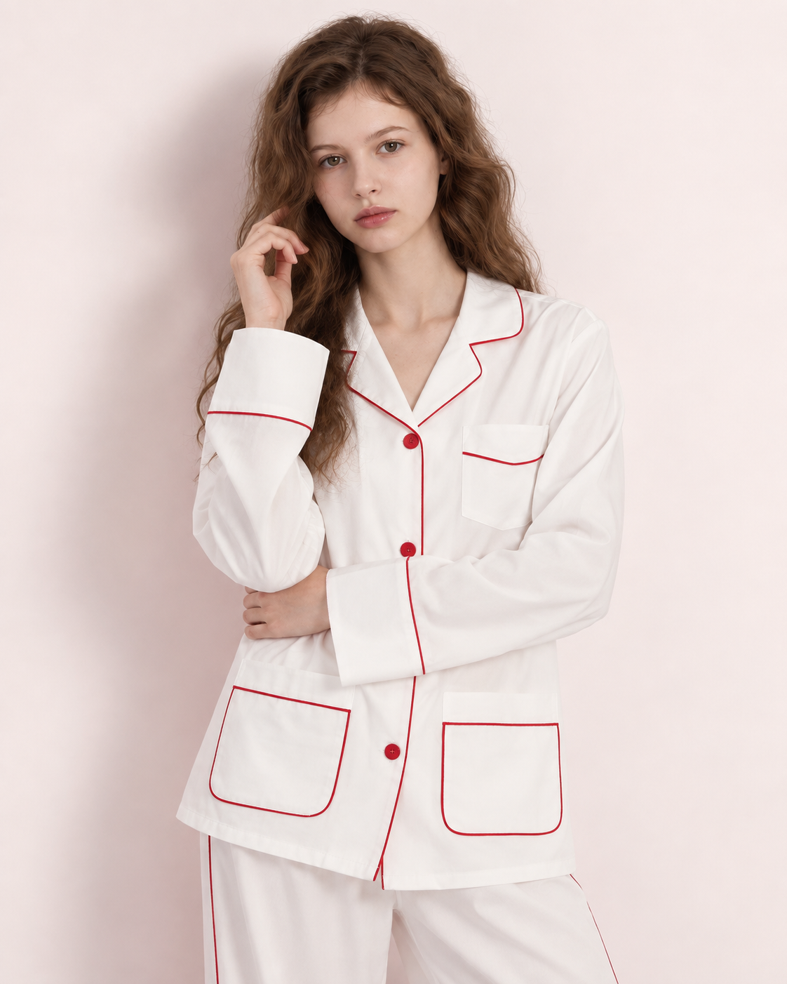 Linehaven contrast-piped long pajama set in white, additional studio portrait - Roomden