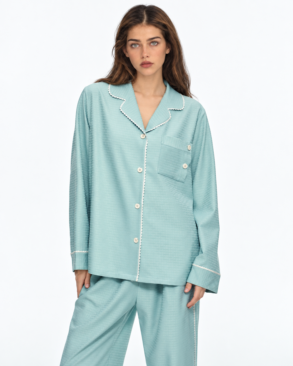 Picot-Trim Textured Long-Sleeve Pajama Set – green on-model view - Roomden