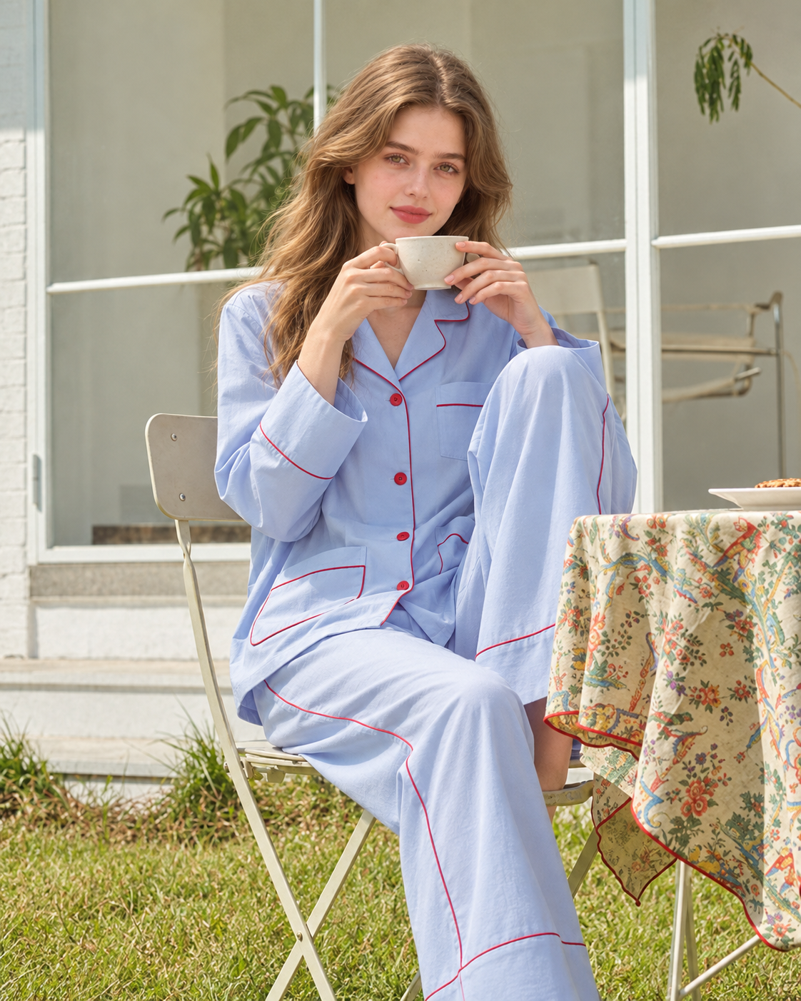 Linehaven contrast-piped pajama set in blue, drinking tea in the garden - Roomden