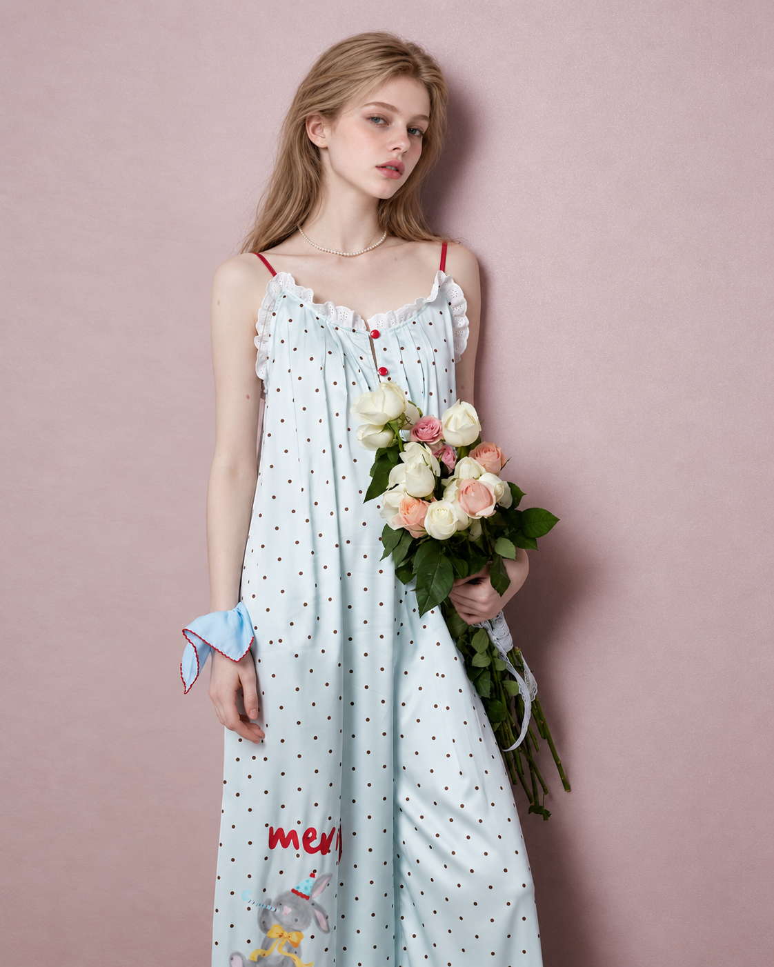 Pale blue polka dot pajama jumpsuit with red straps, held bouquet and lace neckline - Roomden