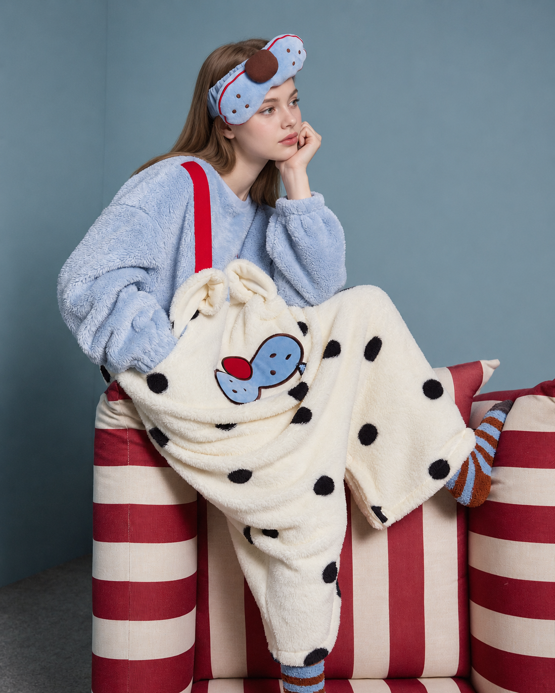 Cat Face Polka Dot Plush Onesie – blue and cream, side seated view - Roomden