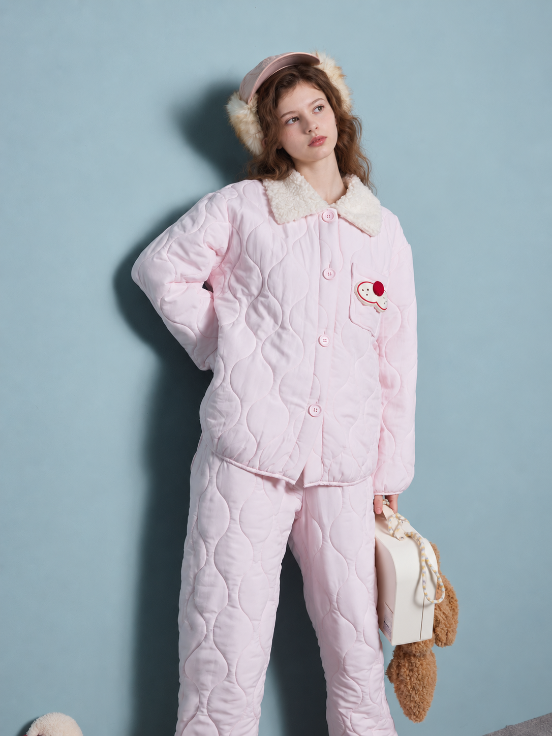 Cat Embroidery Quilted Pajama Set – pink standing angle with a handbag - Roomden