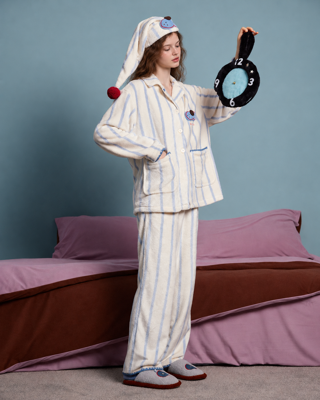 Striped Fleece Pajama Set – side full-length view of the striped set - Roomden