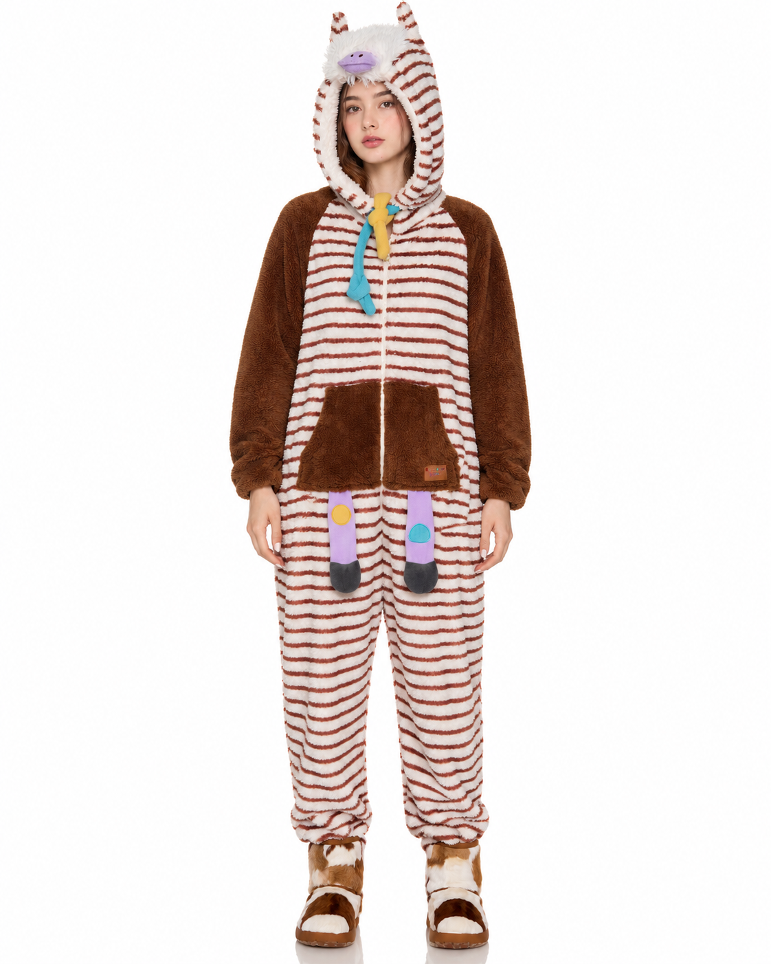 Striped Horse-Hood Onesie – brown and white front full view - Roomden