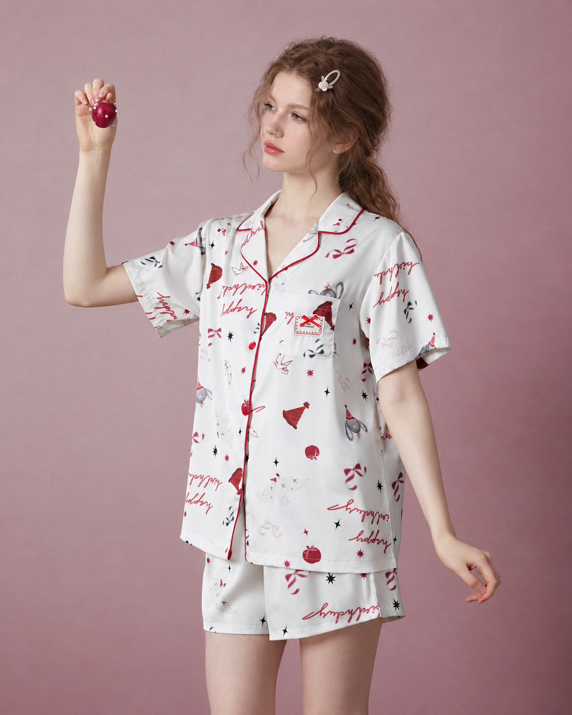 Gift Print Satin Short Pajama Set – white and red print, standing with red apple - Roomden
