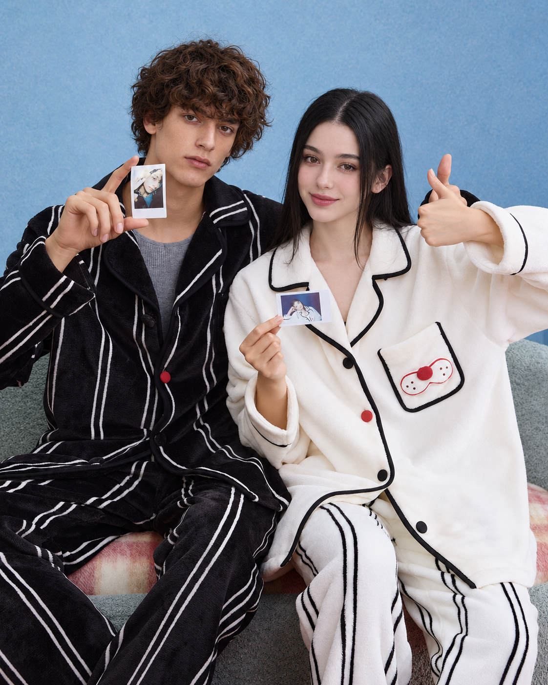 Men's Striped Cat-Pocket Fleece Pajama Set – Black, seated view on a sofa holding a photo card - Roomden