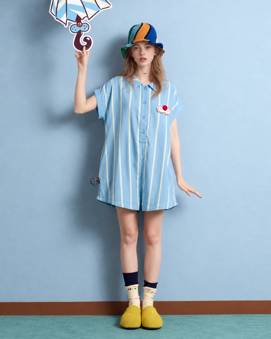 Cotton Gauze One-Piece Pajamas – blue striped romper, standing full view - Roomden