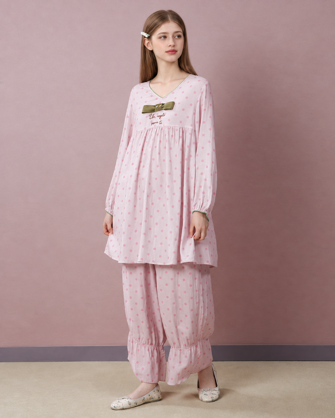Polka Dot Bow Cotton Gauze Pajama Set – pink top and pants, front standing view - Roomden