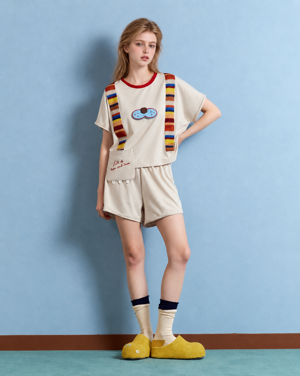 Cat Motif Cotton-Blend Short Pajama Set – grey-apricot front standing view against a blue wall - Roomden