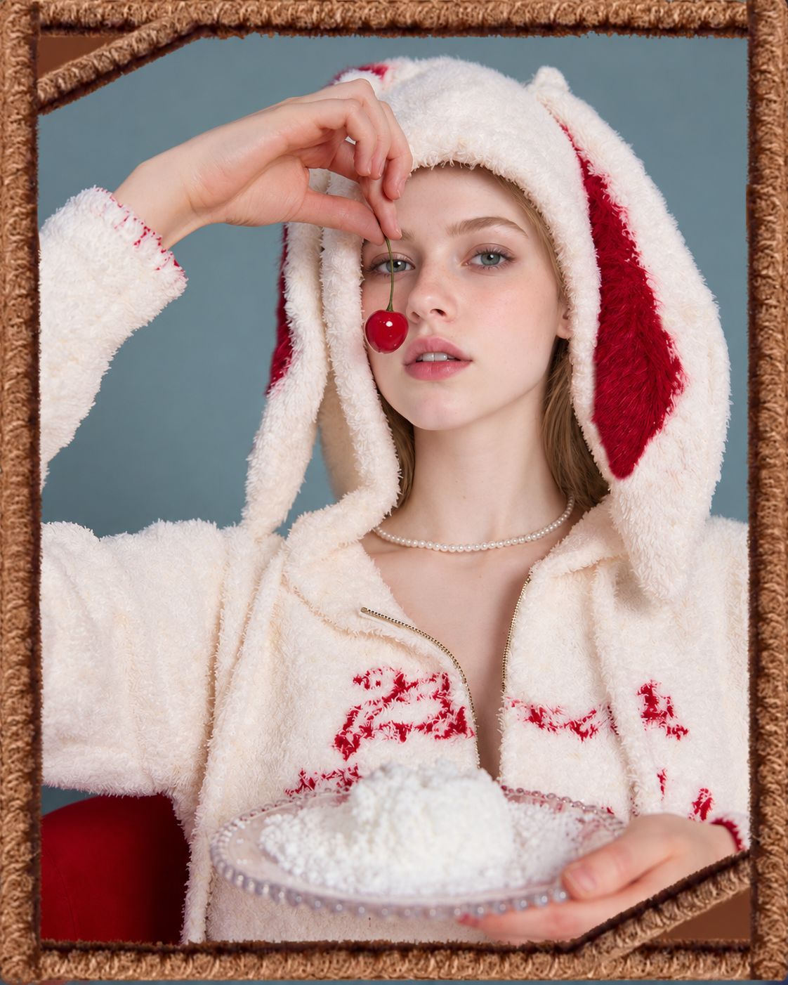 Rabbit-Ear Fleece Onesie – cream half-length view in a cherry frame - Roomden