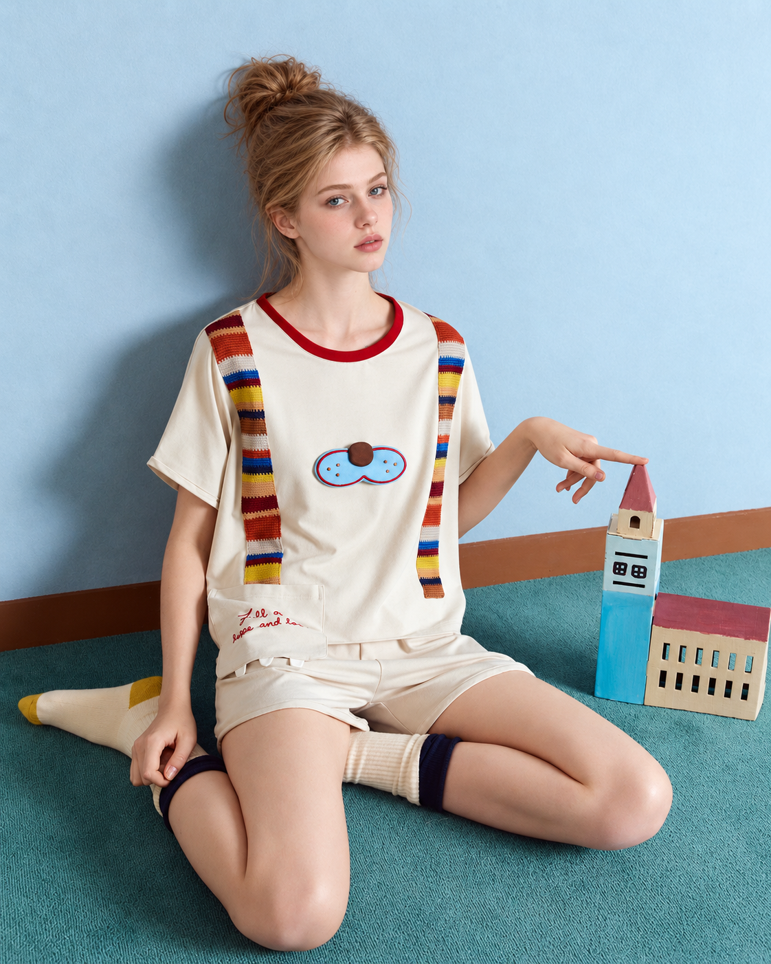 Cat Motif Cotton-Blend Short Pajama Set – grey-apricot seated view with colorful building props - Roomden