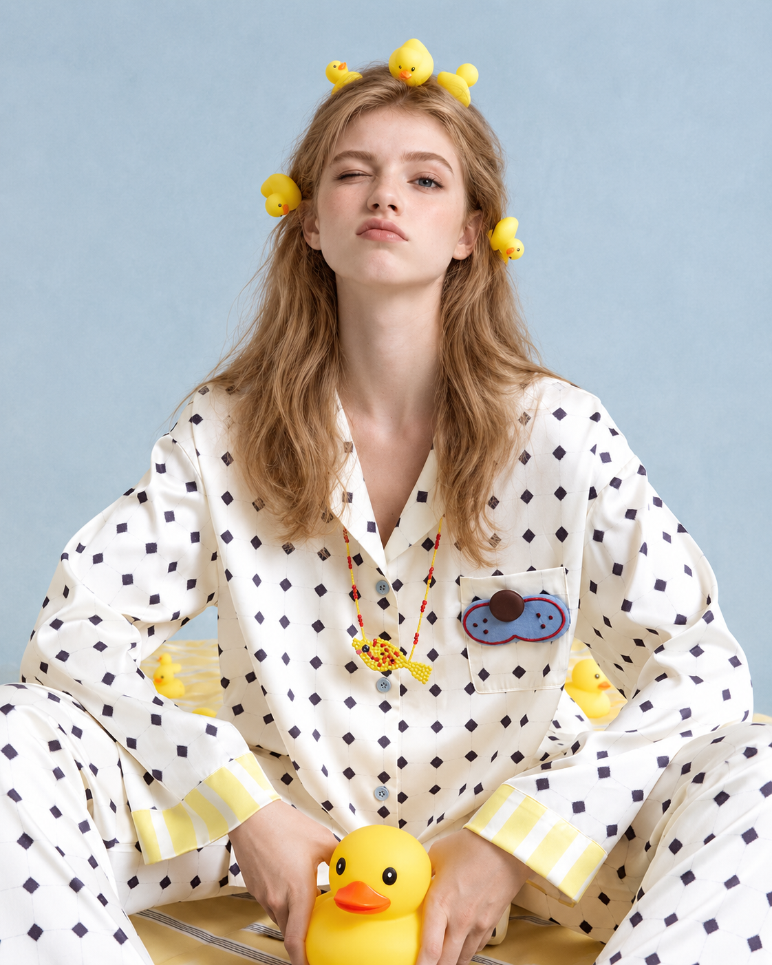 Lemonpause blue cat long-sleeve pajama set – close seated view with duck hair accessories - Roomden