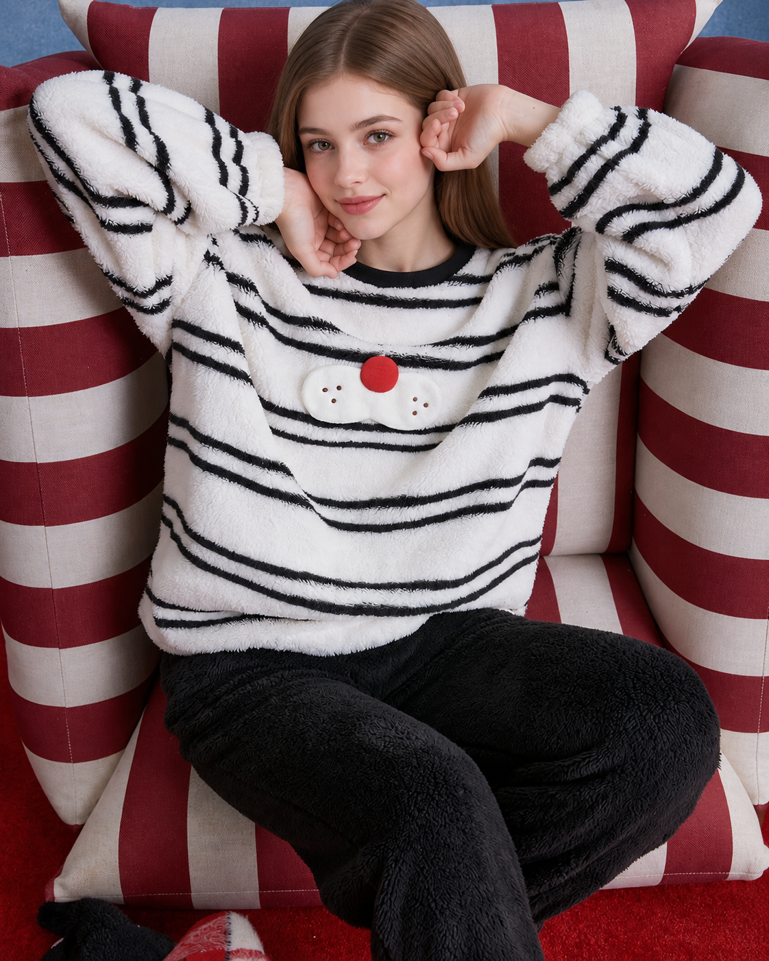Whiskerbeat striped cat plush pajama set - Cross-legged pose with both hands beside the face - Roomden