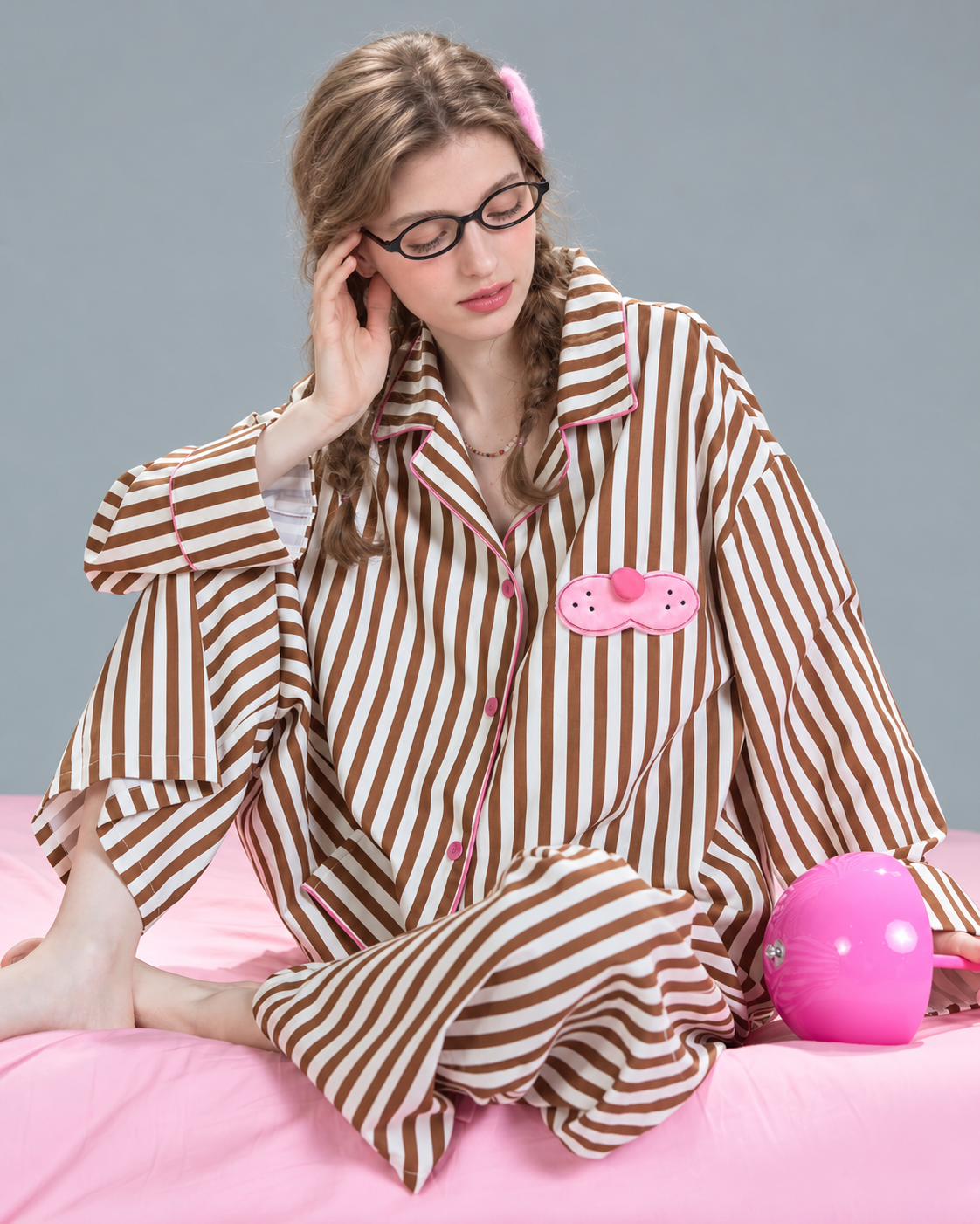 Striped Cat-Patch Pajama Set – Mocha Brown cross-legged seated front view - Roomden
