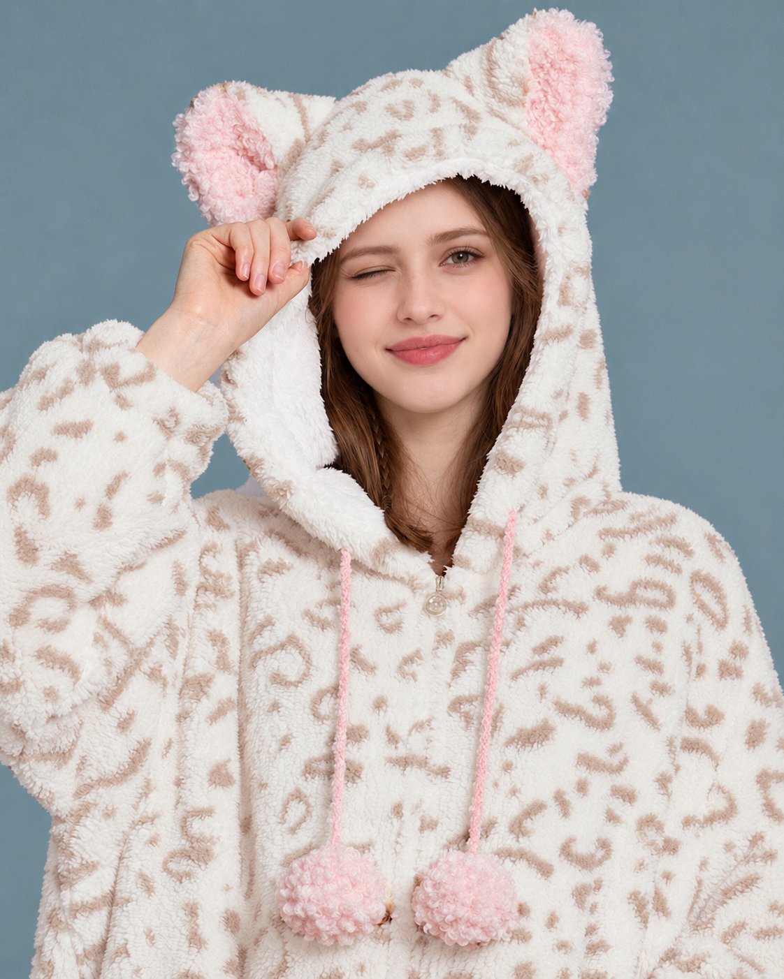 Cat-Ear Leopard Fleece One-Piece Pajamas – cream and pink cat-ear hood close-up - Roomden