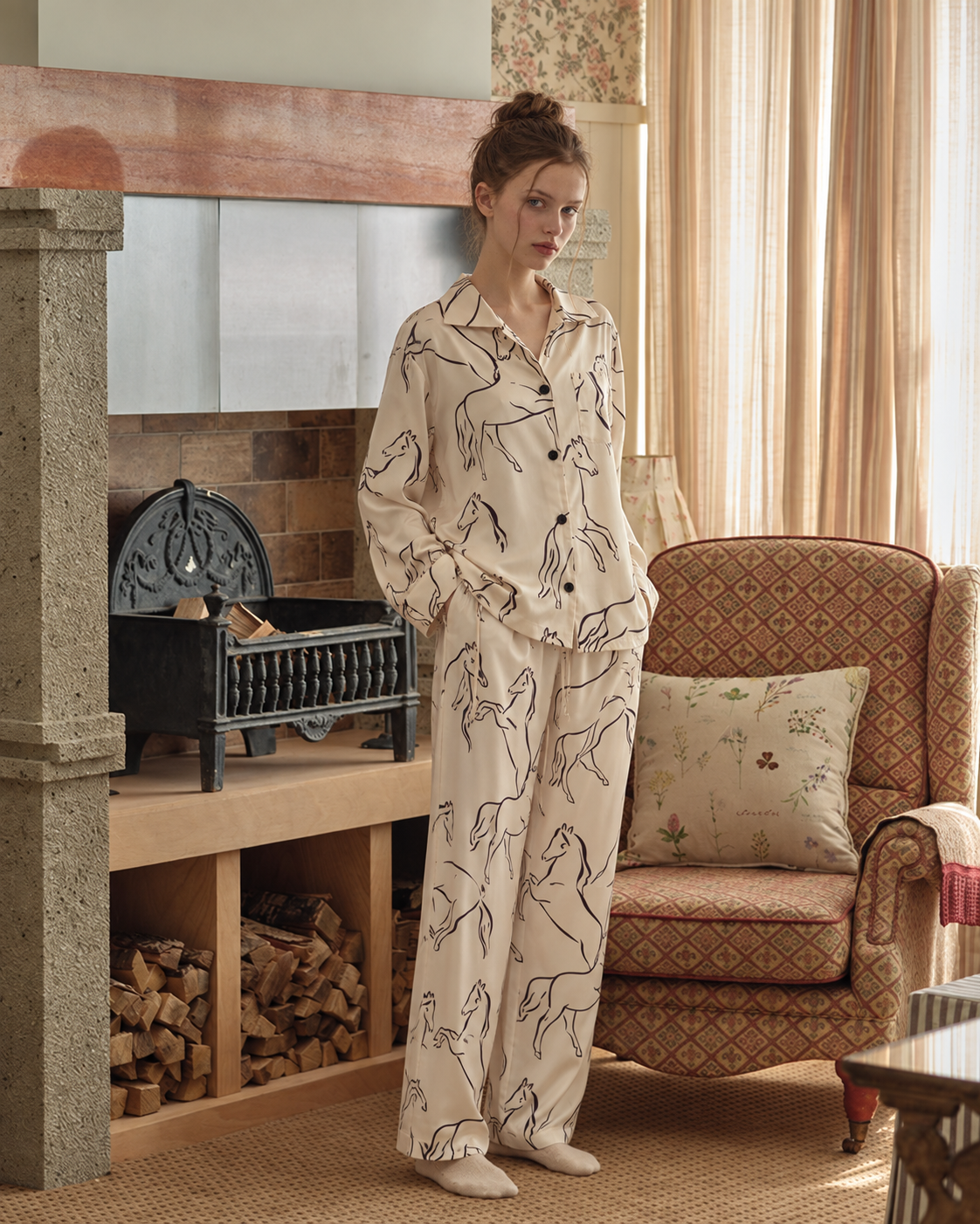 Horse Sketch Viscose-Rayon Pajama Set – Cream horse print, standing beside a vintage fireplace - Roomden