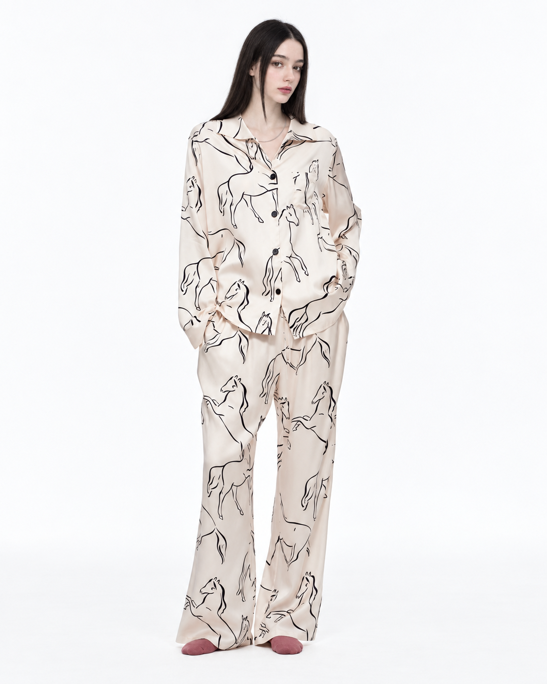 Horse Sketch Viscose-Rayon Pajama Set – Cream horse print, angled front studio view - Roomden