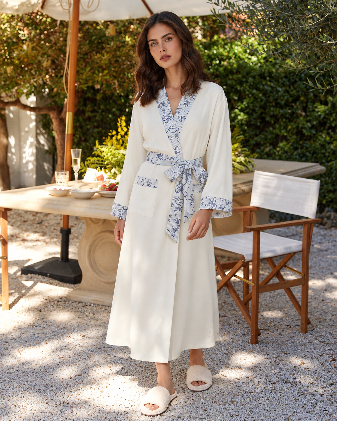 Apricot-cream Inkshore robe with blue botanical trim — garden view 2