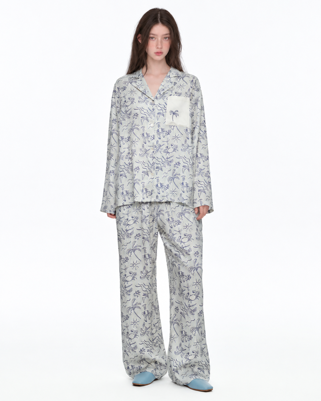 Inkshore coastal-print viscose long pajama set in Palm Line, front view - Roomden