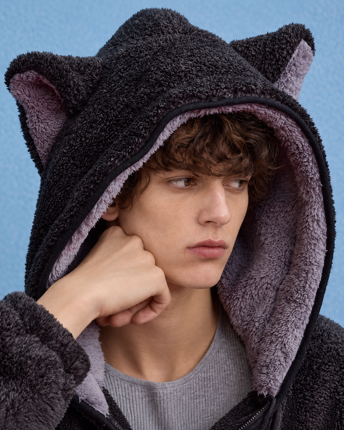 Men's Cat-Ear Hooded Fleece Pajama Set – dark gray close-up of the cat-ear hood - Roomden
