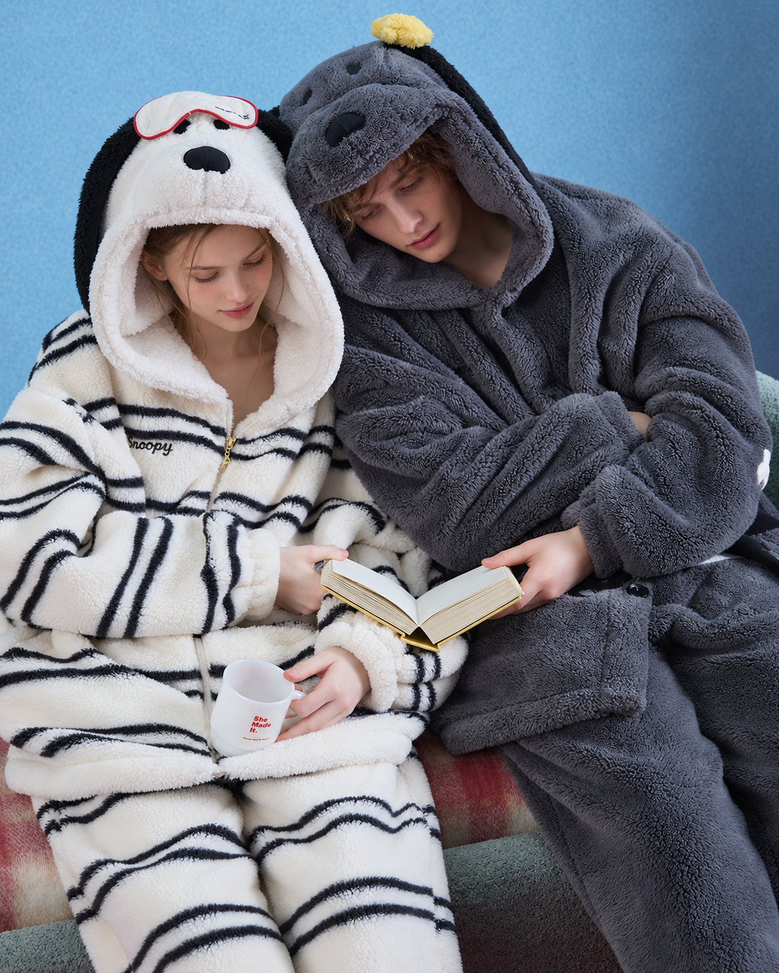 Striped Dog Hood Fleece Pajama Set – ivory striped pajama set in a shared seated reading scene - Roomden
