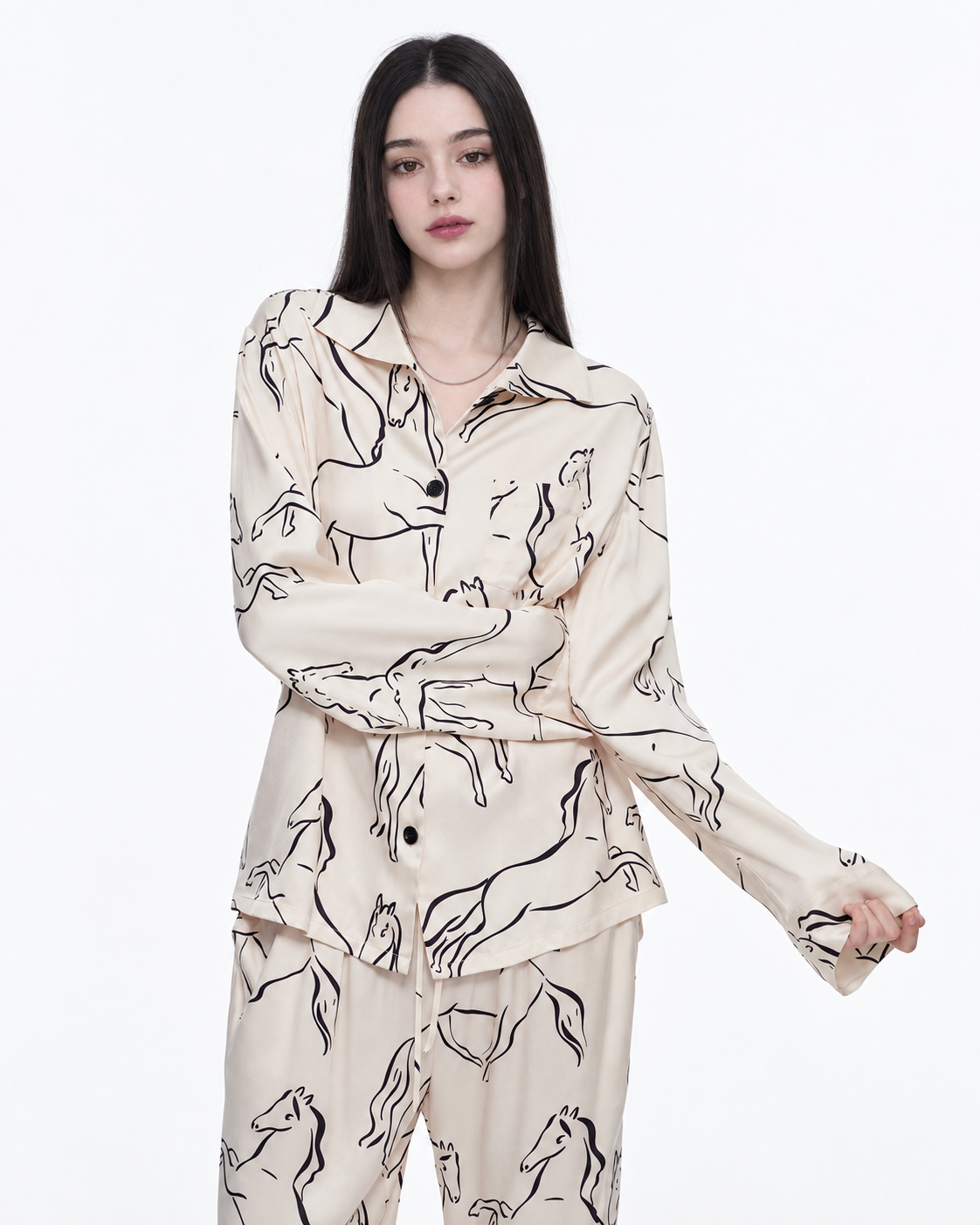 Horse Sketch Viscose-Rayon Pajama Set – Cream horse print, shirt and sleeve close view - Roomden