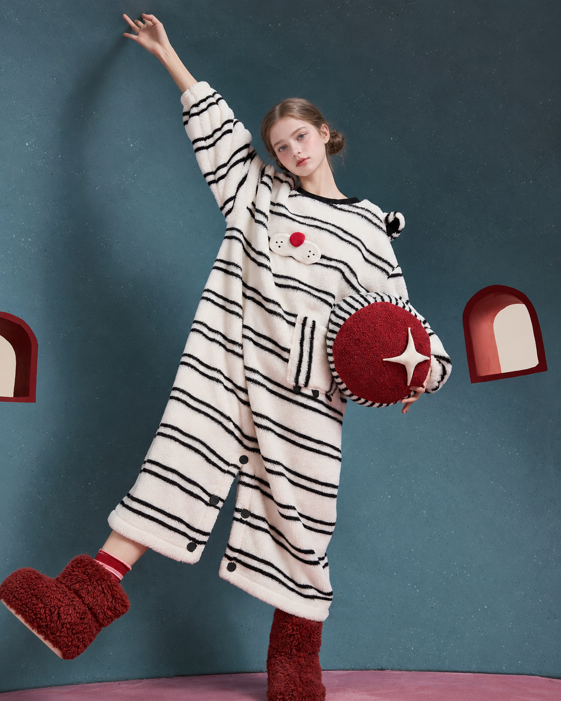 Whiskerbeat striped cat one-piece pajamas - arm-raised full-body view - Roomden