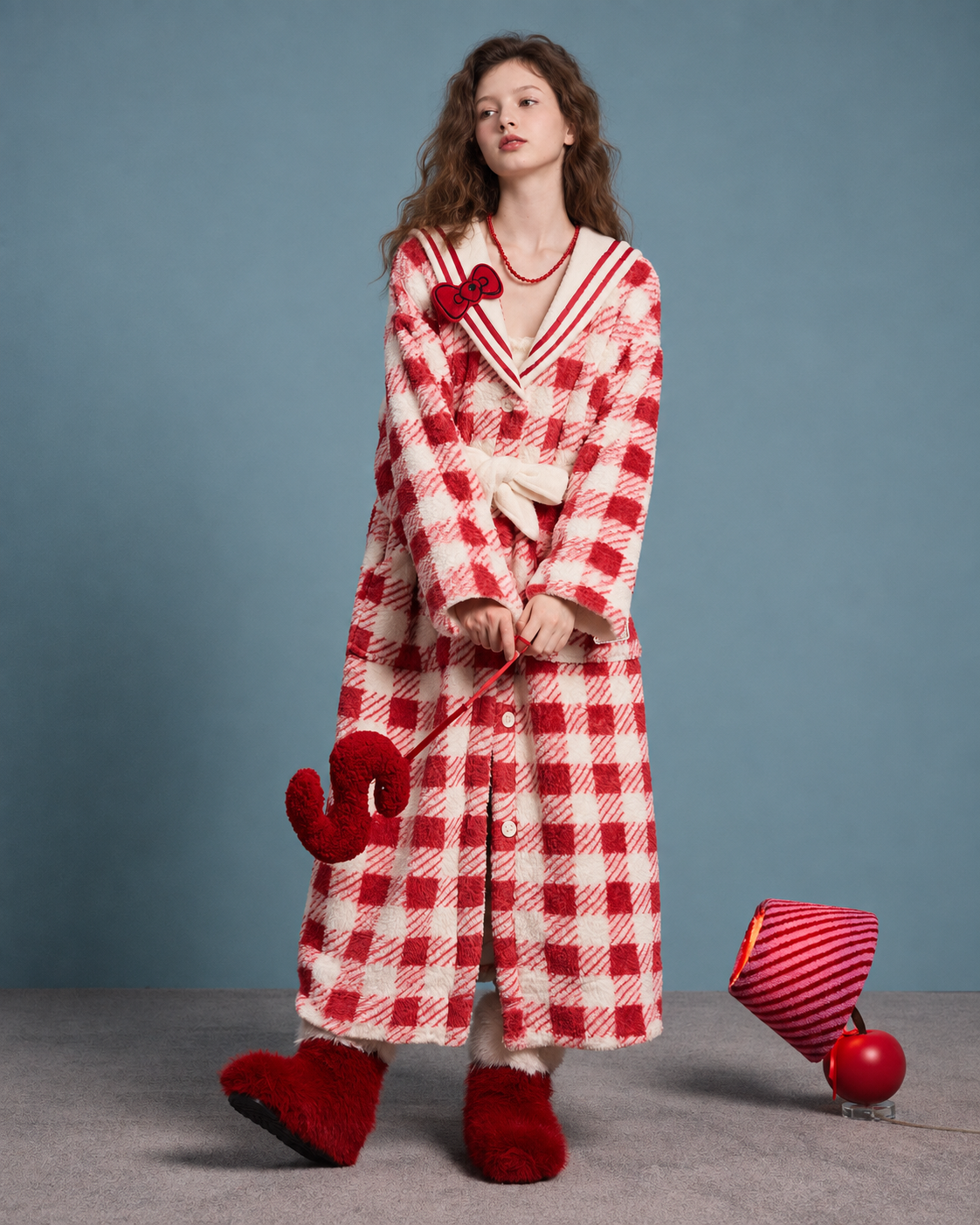 Red-and-White Plaid Fleece Robe – full-length front view with button fastening - Roomden