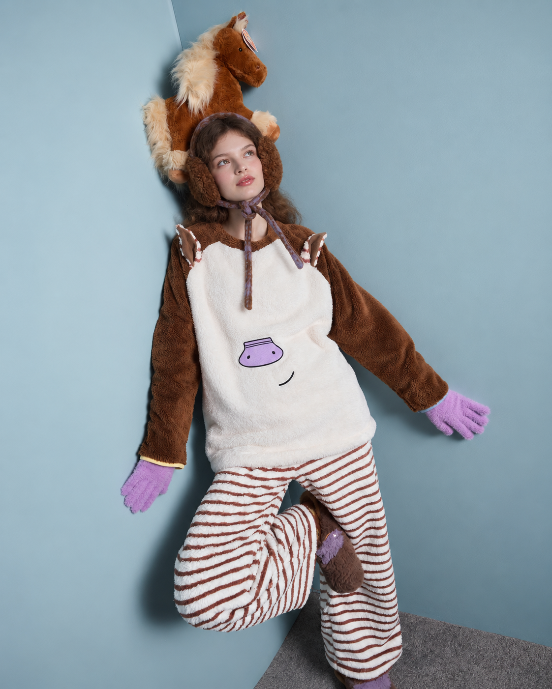 Horse-Ear Flannel Pajama Set – bent-knee pose beside a plush horse - Roomden