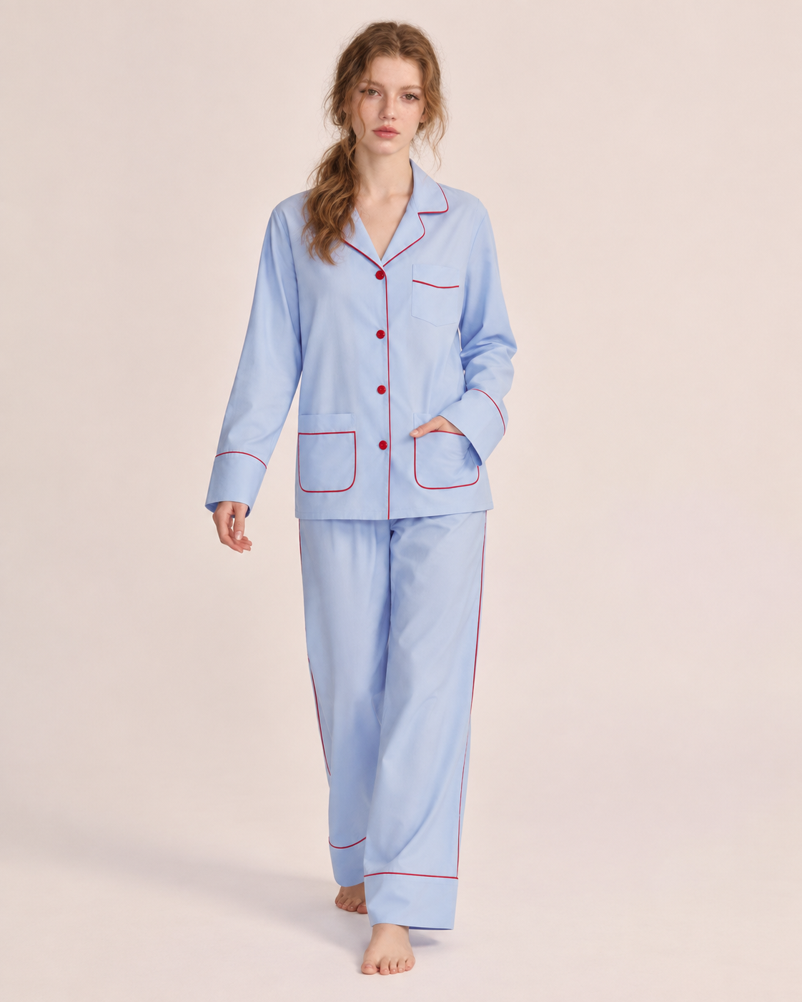 Linehaven contrast-piped pajama set in blue, front view - Roomden