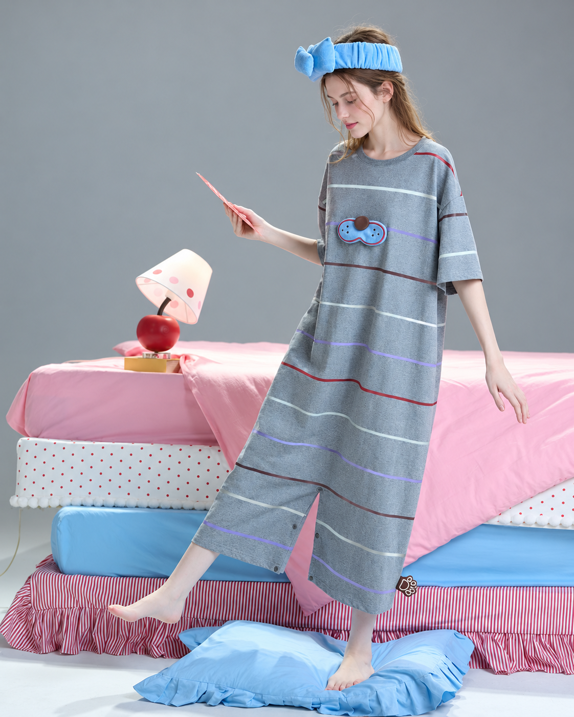Cat striped one-piece pajamas – Raised leg bedroom pose - Roomden