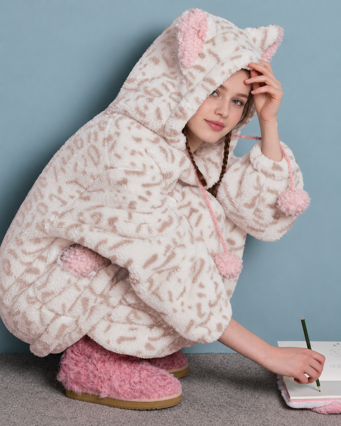 Cat-Ear Leopard Fleece One-Piece Pajamas – cream and pink crouching side view with hood and sleeve detail - Roomden