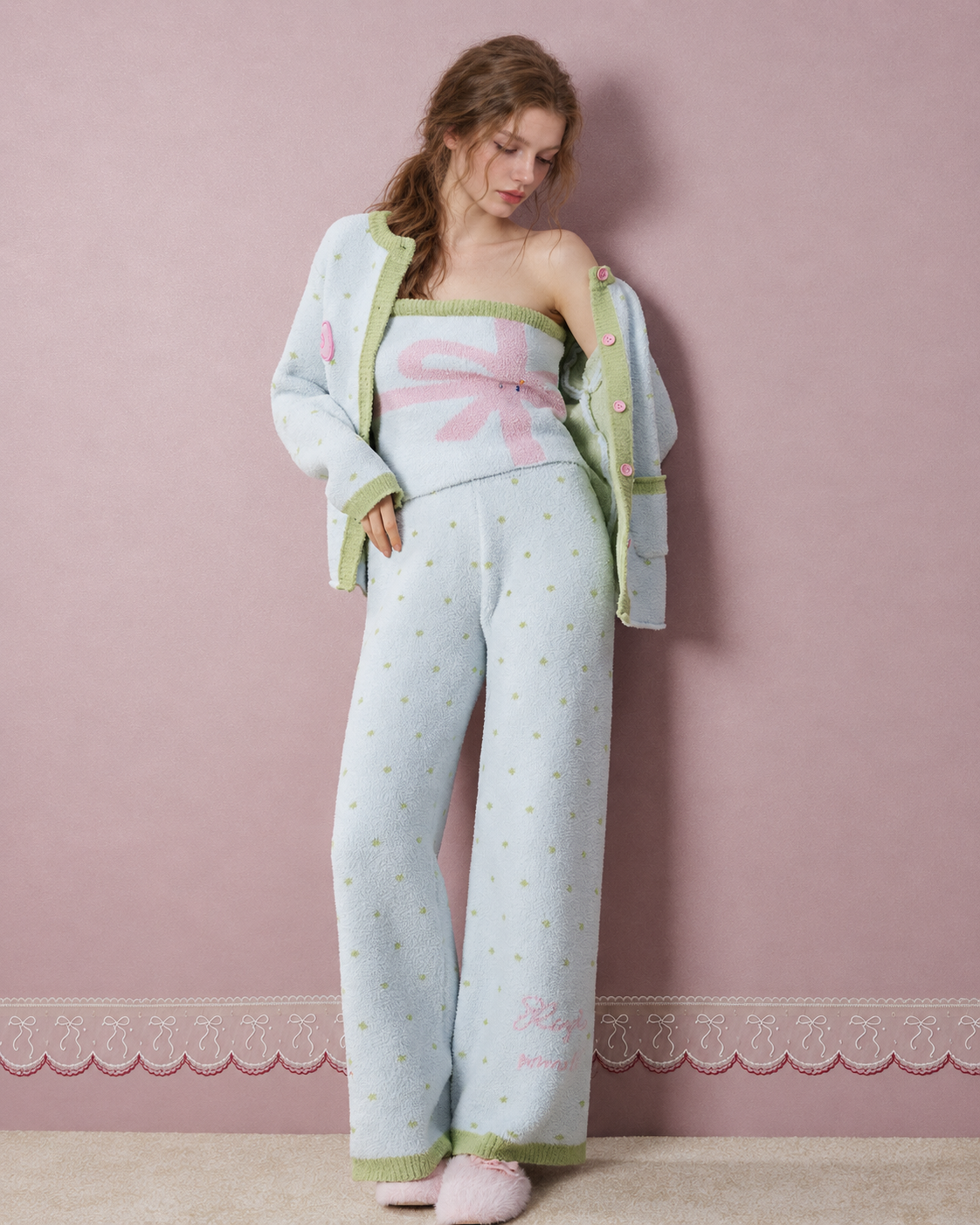 Fleece Three-Piece Pajama Set – Ice blue open cardigan with strapless bow top and full-length trousers, front view - Roomden