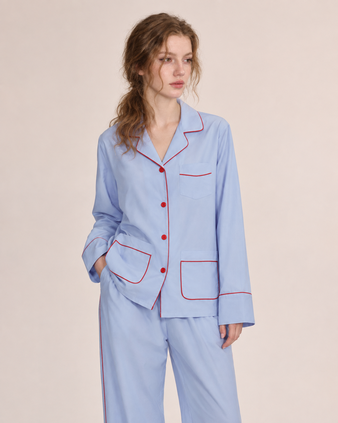 Linehaven contrast-piped long pajama set in blue, additional studio portrait - Roomden