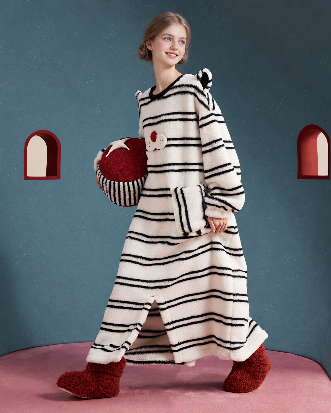 Whiskerbeat striped cat one-piece pajamas - side-front skirt-style view - Roomden