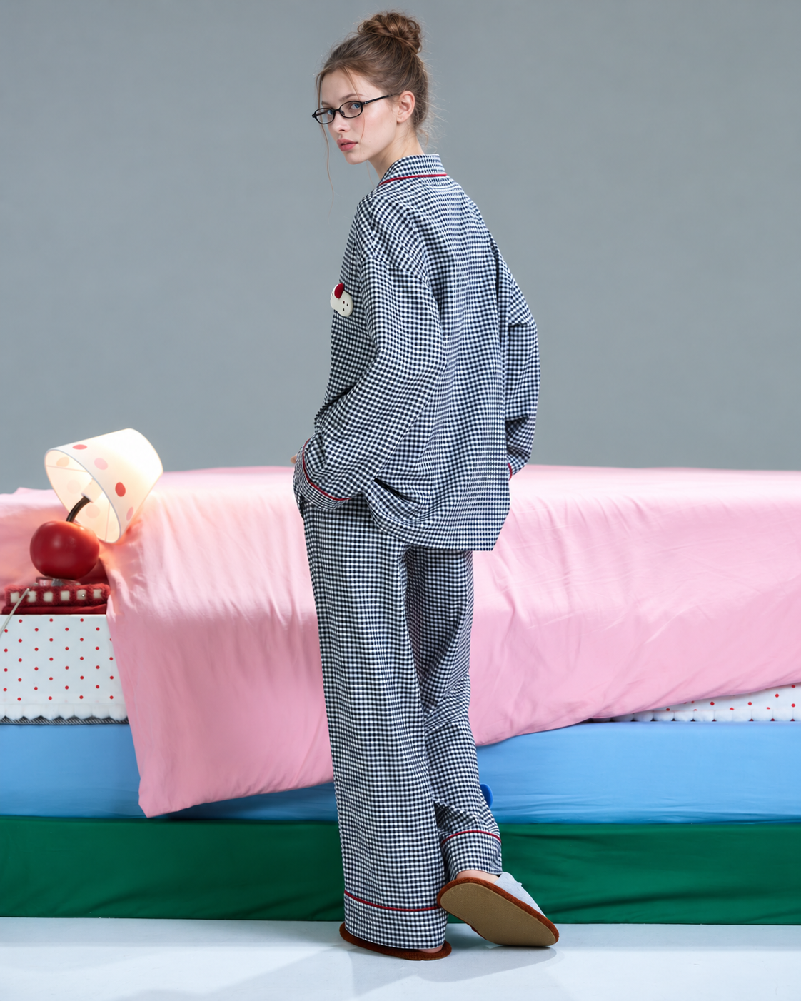 Gingham Cotton Pajama Set – black-and-white checks, back three-quarter view - Roomden
