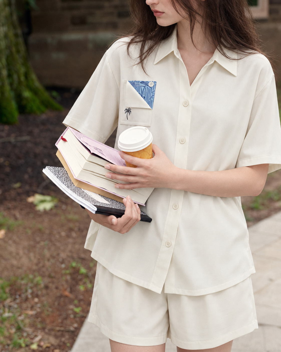 Inkshore Folded-Pocket Viscose Pajama Shorts Set – Cream books and coffee close-up - Roomden