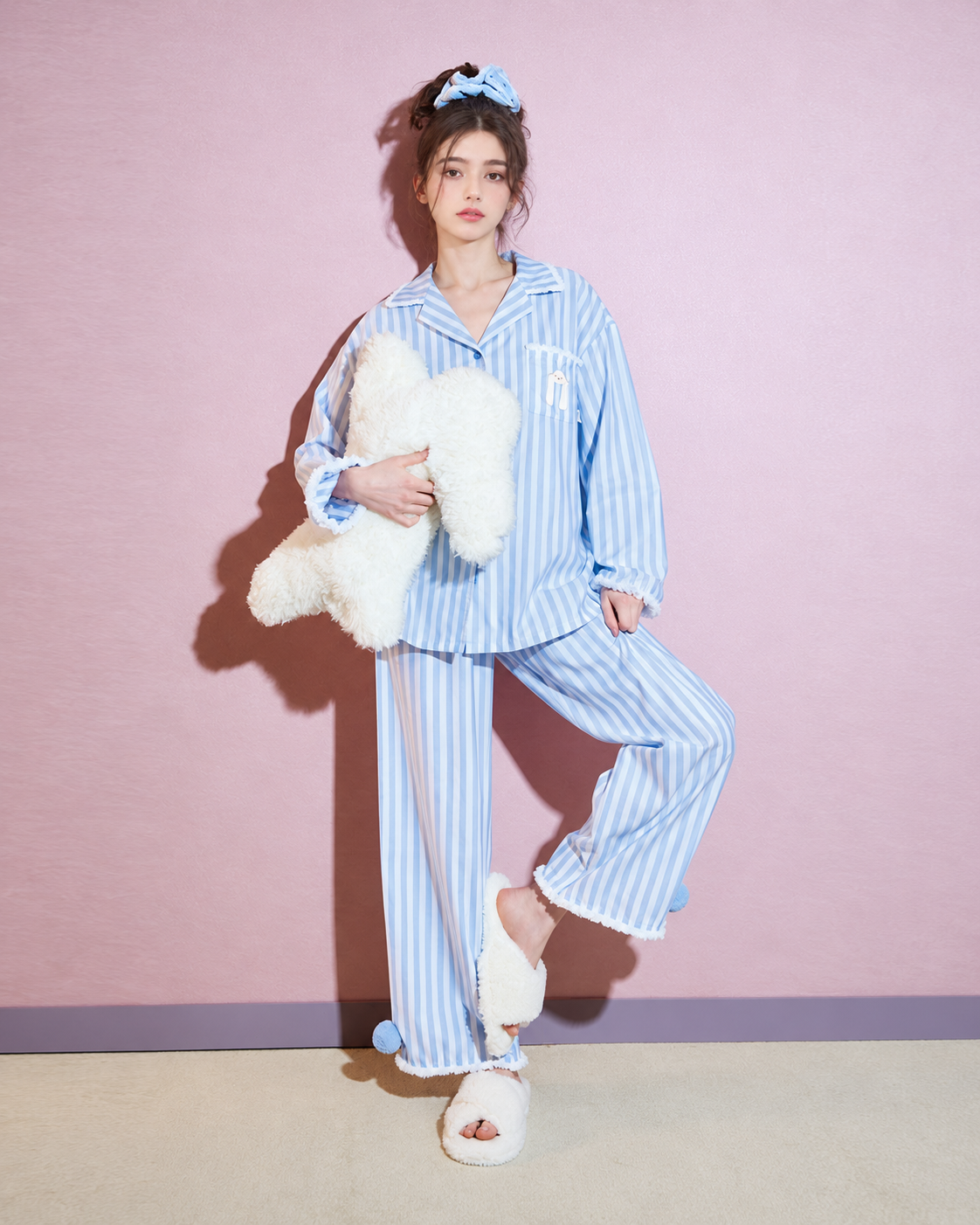 Blue Stripe Bunny Pocket Cotton Pajama Set – full front view with a raised leg - Roomden