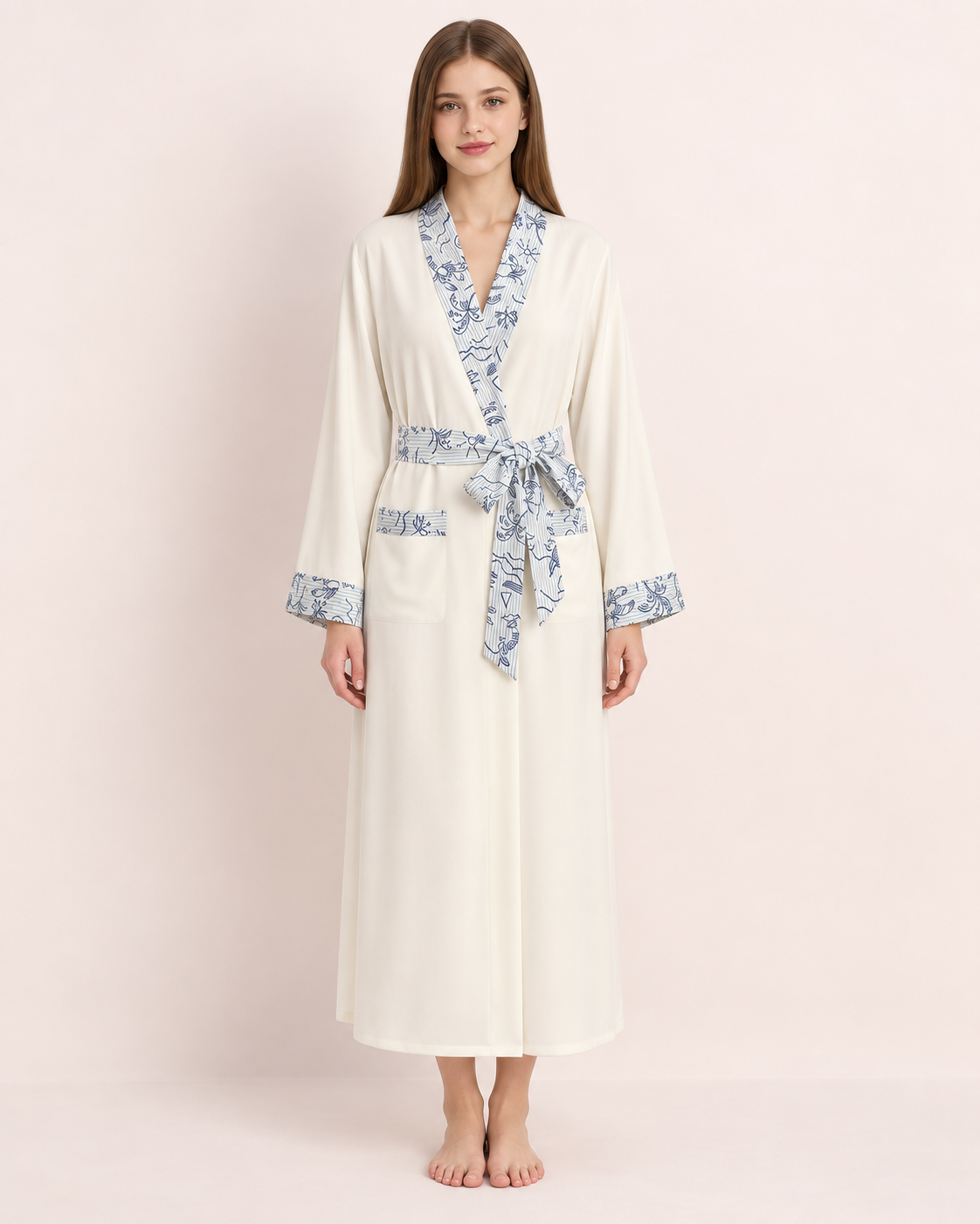 Apricot-cream Inkshore robe with blue botanical trim — studio view 1