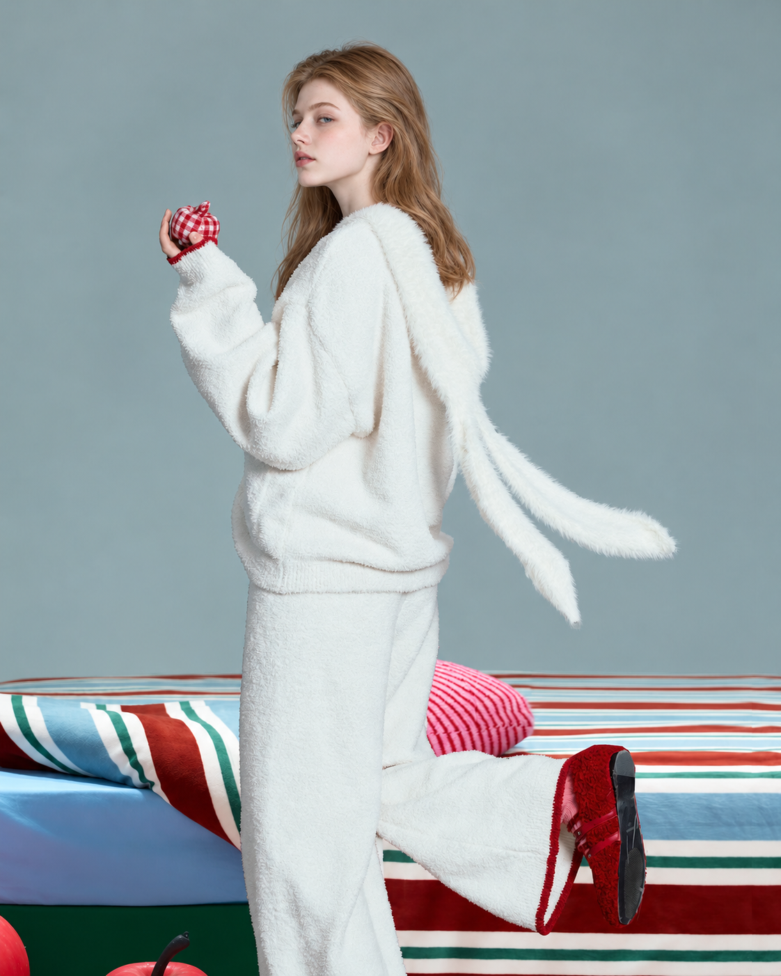 Red Bow Plush Pajama Set – ivory back and side view with hood down - Roomden