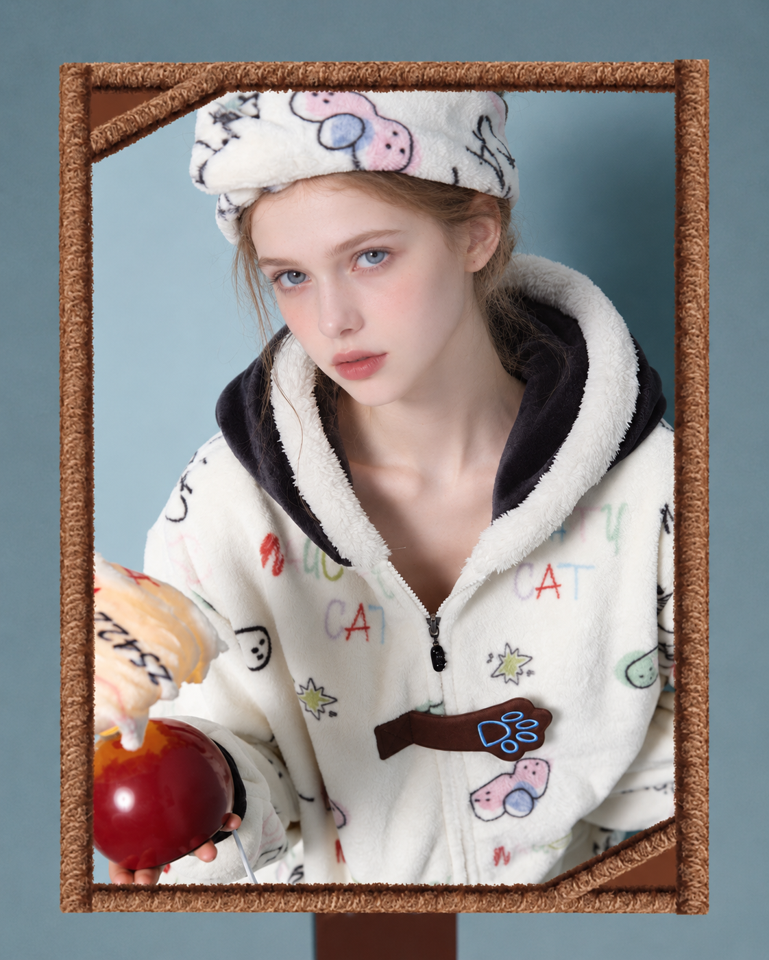 Doodlewhisk Cat-Doodle Hooded One-Piece Pajamas – framed close-up of hood trim and front zipper - Roomden