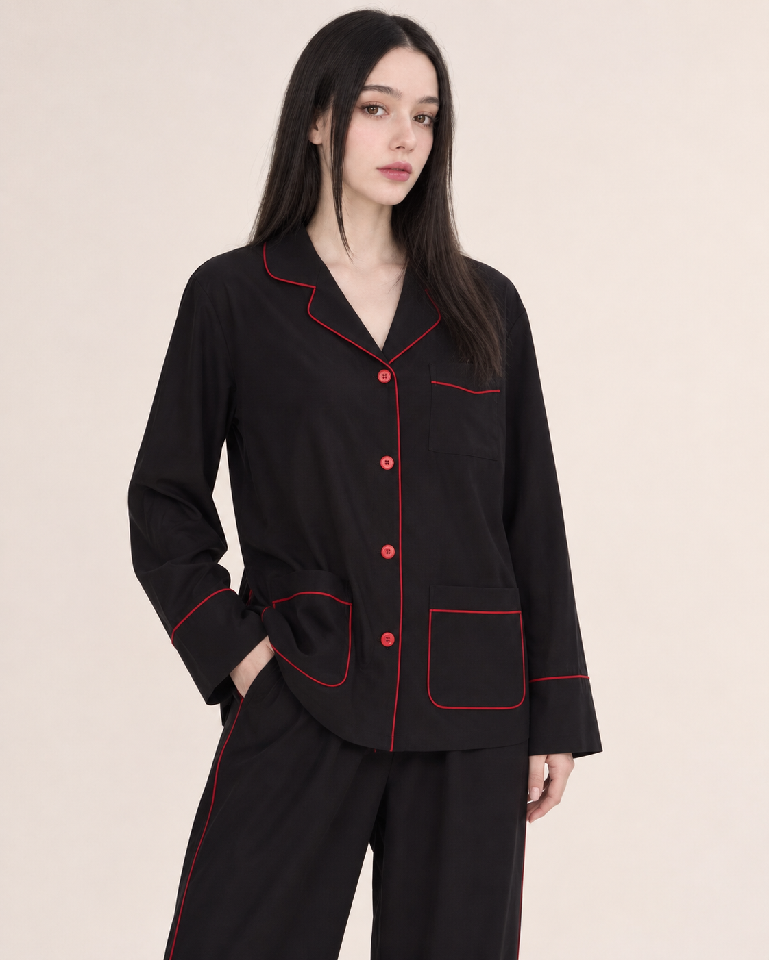 Linehaven contrast-piped long pajama set in black, additional studio portrait - Roomden