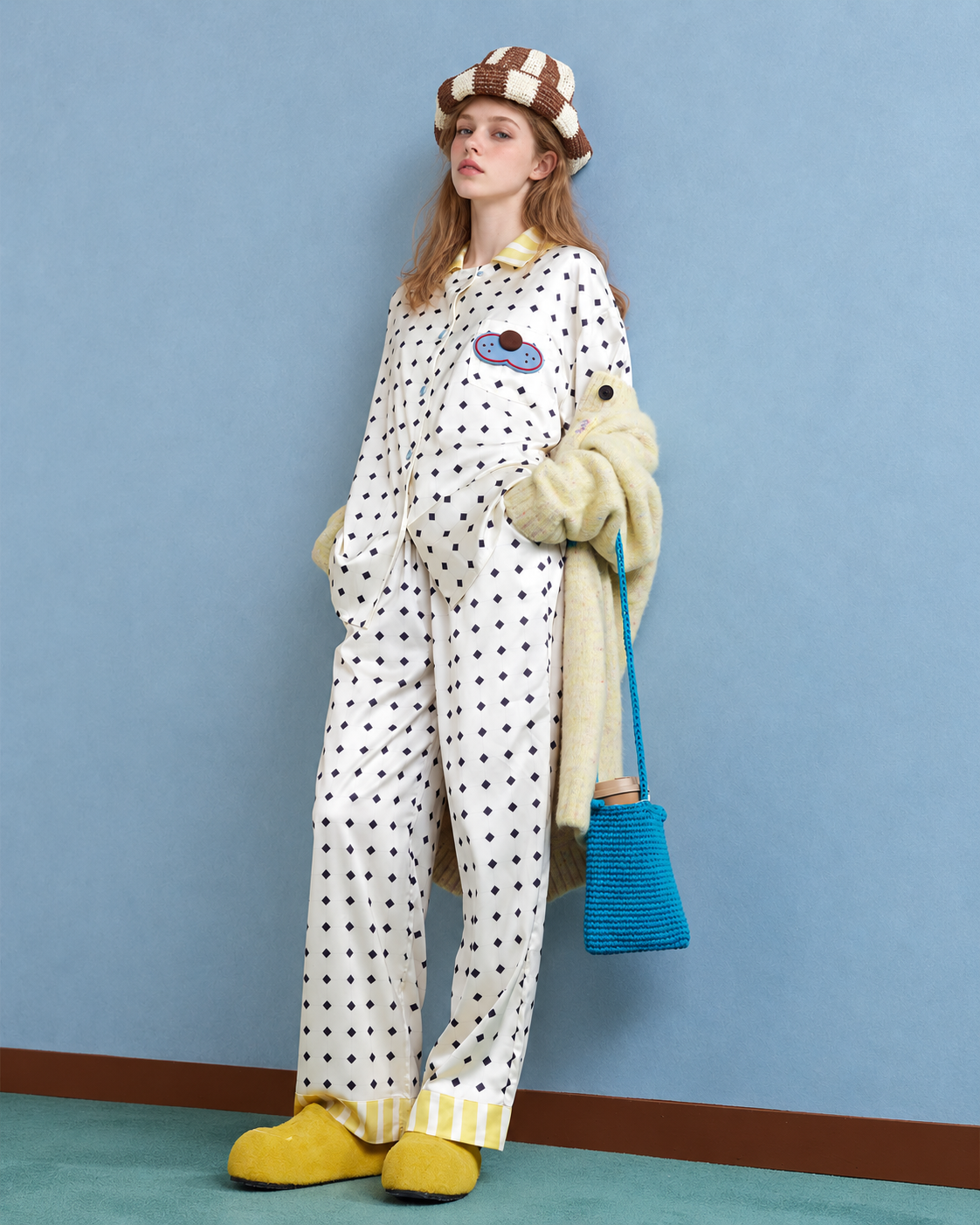 Lemonpause blue cat long-sleeve pajama set – standing three-quarter view with hat - Roomden